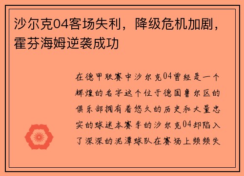 沙尔克04客场失利，降级危机加剧，霍芬海姆逆袭成功